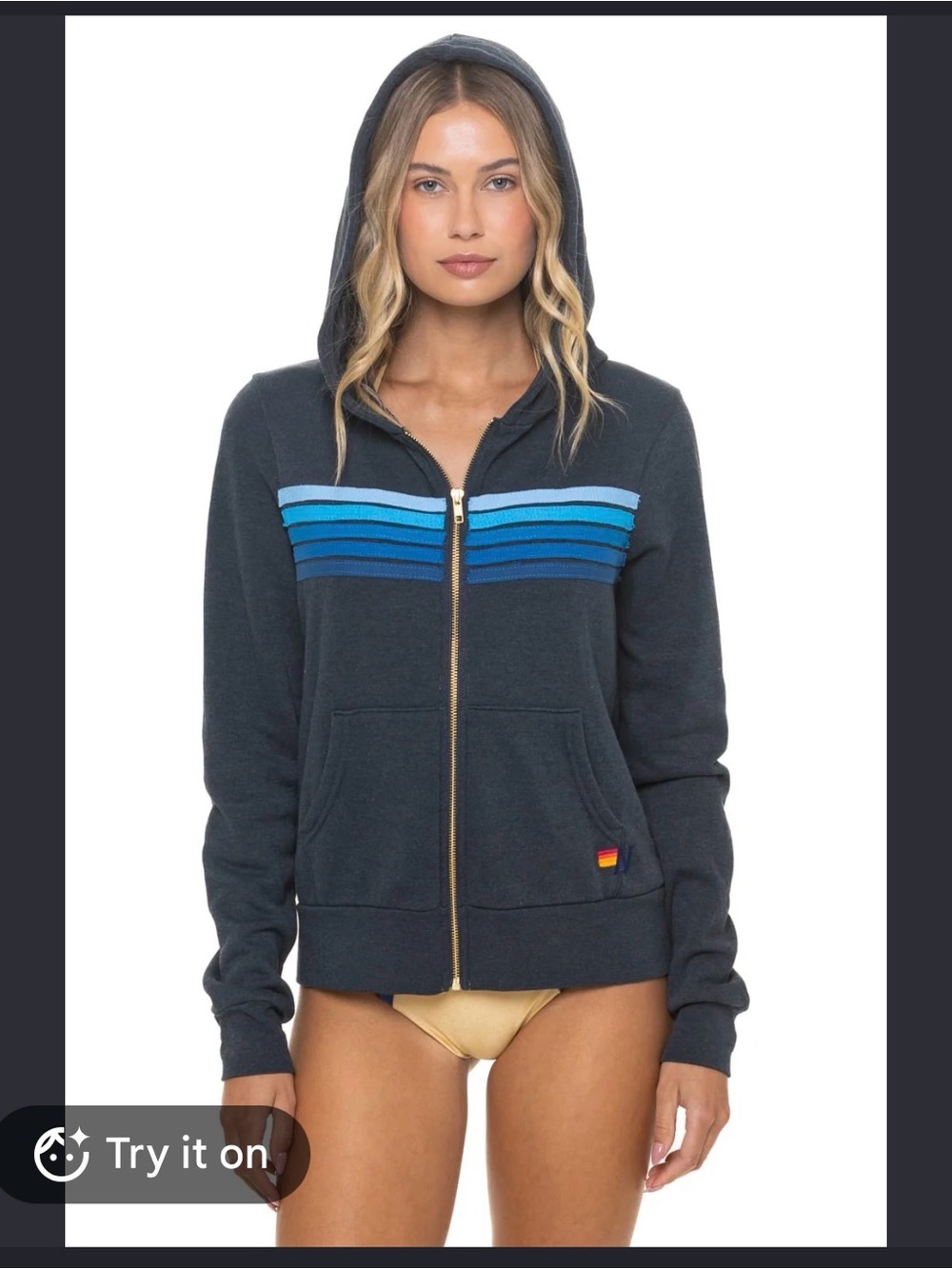 Women's Navy Zip Hoodie with Blue Stripe Detail